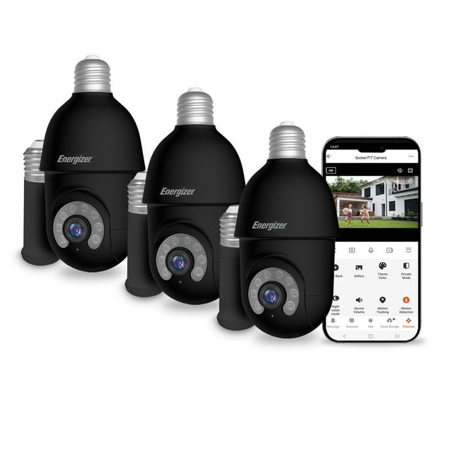 Energizer 2K Light Bulb Socket Security Camera with Socket Extension, 3pk.