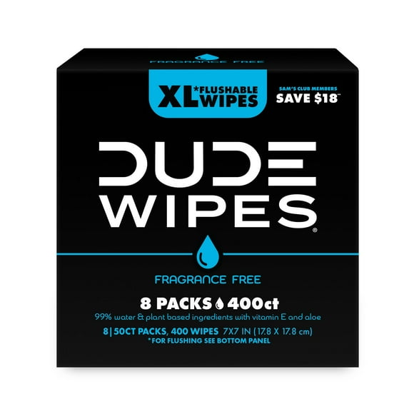 DUDE WIPES XL Flushable Wipes, Fragrance Free, 8 ct., 400 wipes