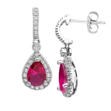 Pear Cut Gemstone & Halo Diamond Tear Drop Dangle Earrings in 14K Gold