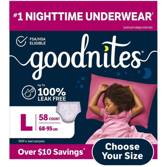 Goodnites Nighttime Bedwetting Underwear for Girls, Sizes Extra Small - Extra Extra Large