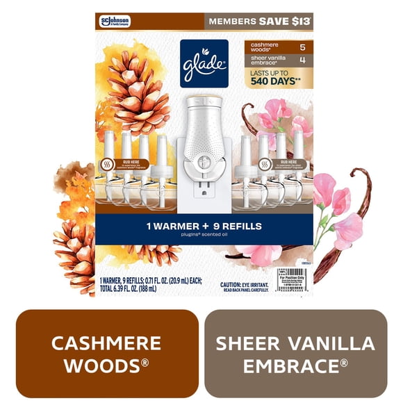 Glade PlugIns Scented Oil, Cashmere Woods with Sheer Vanilla Embrace, 1 Warmer + 9 Refills
