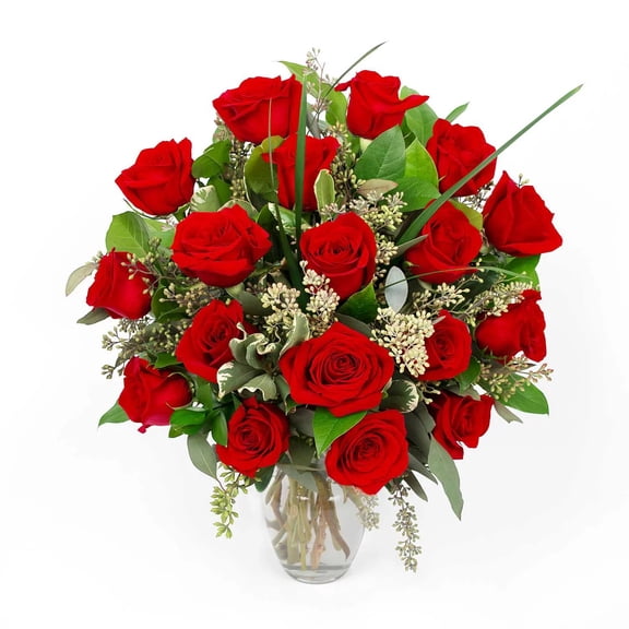 Member's Mark Red Roses and Greenery Vase Arrangement, choose stem count