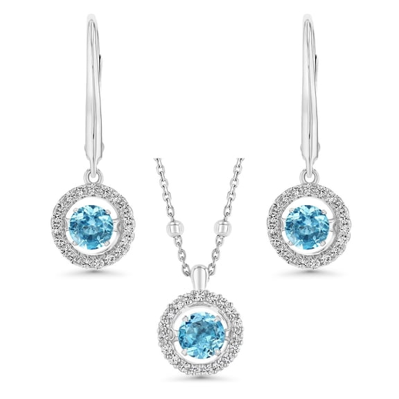 Round Cut Lab Created Gemstone Dancing Pendant & Earring Set in Sterling Silver