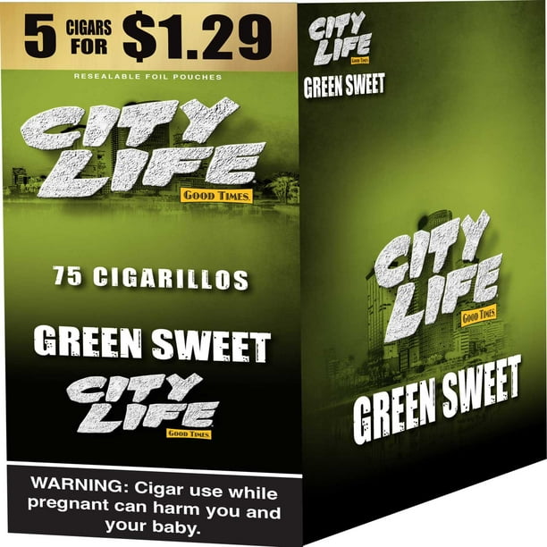 city life tobacco City Life Cigarillo Foil Pouch, Green Sweet Pre-Priced $1.29 for 5 cigars,  15 pack