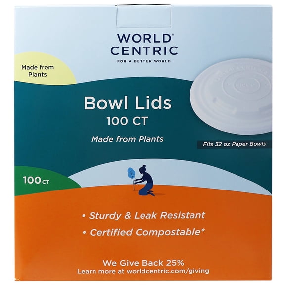 World Centric Compostable CPLA Bowl Lids, Fits 32 oz. 100 ct.