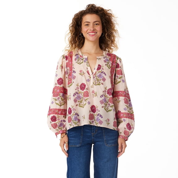 BILA Women's Printed Pintuck Long Sleeve Cotton Top