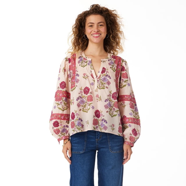 BILA Women's Printed Pintuck Long Sleeve Cotton Top