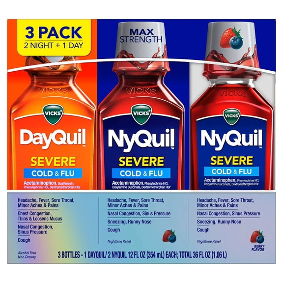 Vicks DayQuil & NyQuil Severe Cold & Flu Relief Liquid, Berry, 12 fl. oz., 3 pk.