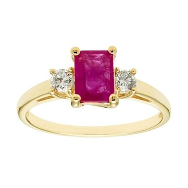 Emerald Cut Natural Gemstone & 0.20 CT. T.W. 3-Stone Diamond Ring in 14K Gold
