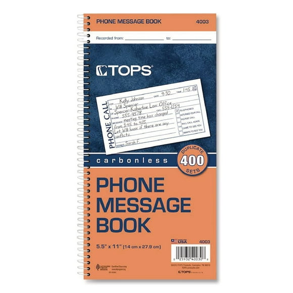 TOPS - Spiralbound Message Book, 2-3/4 x 5, Two-Part Carbonless, 400 per Book
