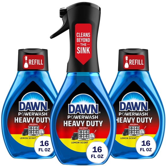Dawn Powerwash Heavy Duty Dish Spray Bottle Set, Clean Lemon Scent, 1 Spray Bottle + 2 Refills, 48 fl. oz.