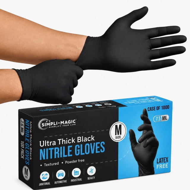 Simpli-Magic Industrial Black Nitrile Gloves, 1000-Count - M, L & XL