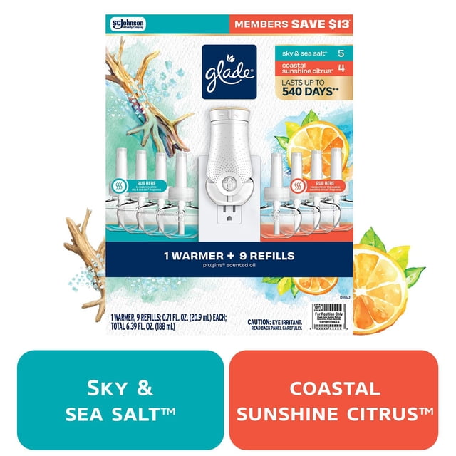 Glade PlugIns Scented Oil, Coastal Citrus Sunshine with Sky & Sea Salt, 1 warmer + 9 refills