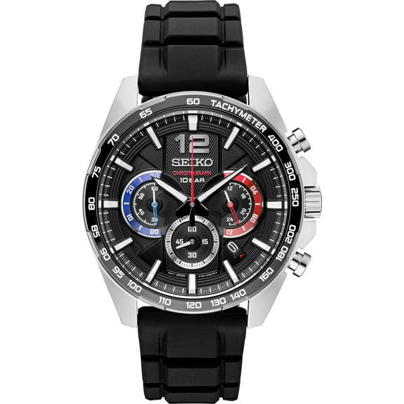 Seiko Essentials Quartz Chronograph Black Silicone Mens Watch, 43.9mm