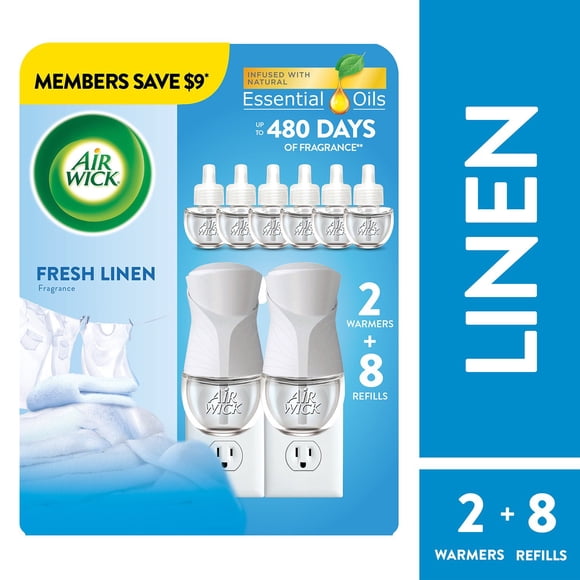 Air Wick Plug In Scented Oil Kit, Fresh Linen, 2 warmers + 8 refills