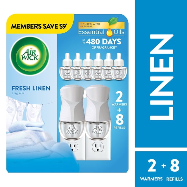Air Wick Plug In Scented Oil Kit, Fresh Linen, 2 warmers + 8 refills
