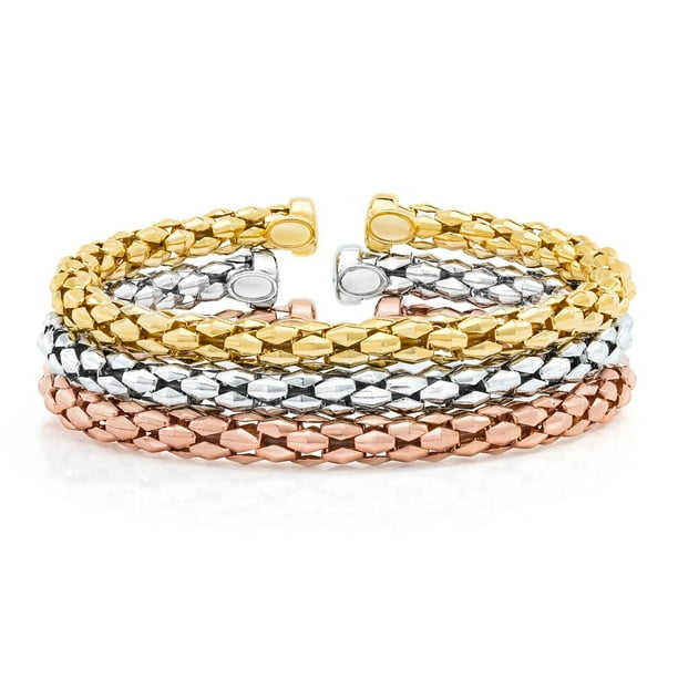 Mosaic Chain Bangle Bracelet Set in Sterling Silver & 18K Gold