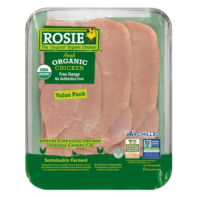 Rosie Organic Thin Sliced Boneless and Skinless Chicken Breasts, priced per pound