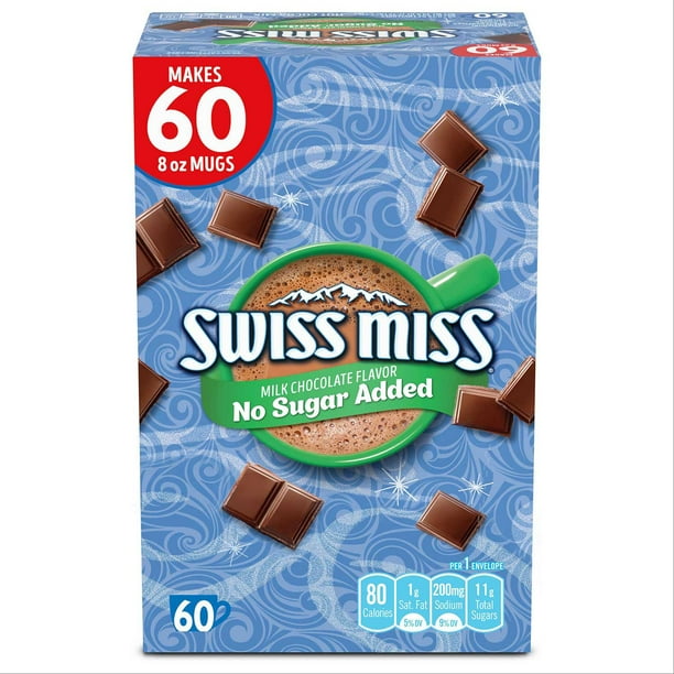 Swiss Miss Cocoa Milk Chocolate, No Sugar Added Envelopes, 60 ct