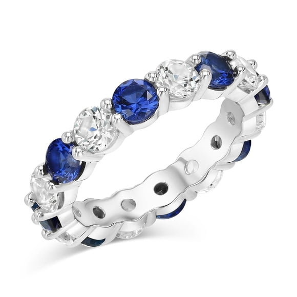 Lab Created Round Cut Blue and White Sapphire Eternity Ring in Sterling Silver