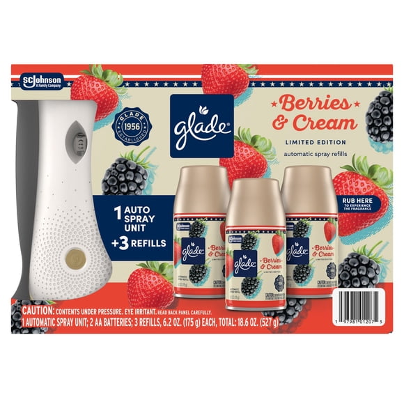 Glade Automatic Spray Air Freshener Americana Collection, Berries & Cream, 1 Holder + 3 Refills