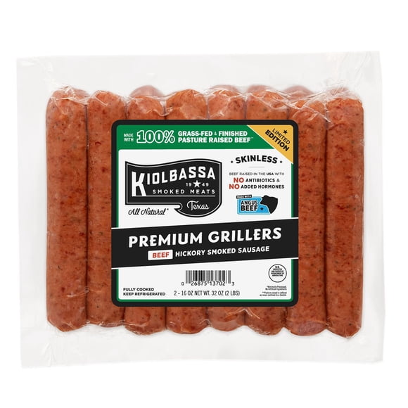 Kiolbassa 100% Grassfed Beef Premium Skinless Hickory Smoked Sausage Grillers, 2 oz., 16 pk