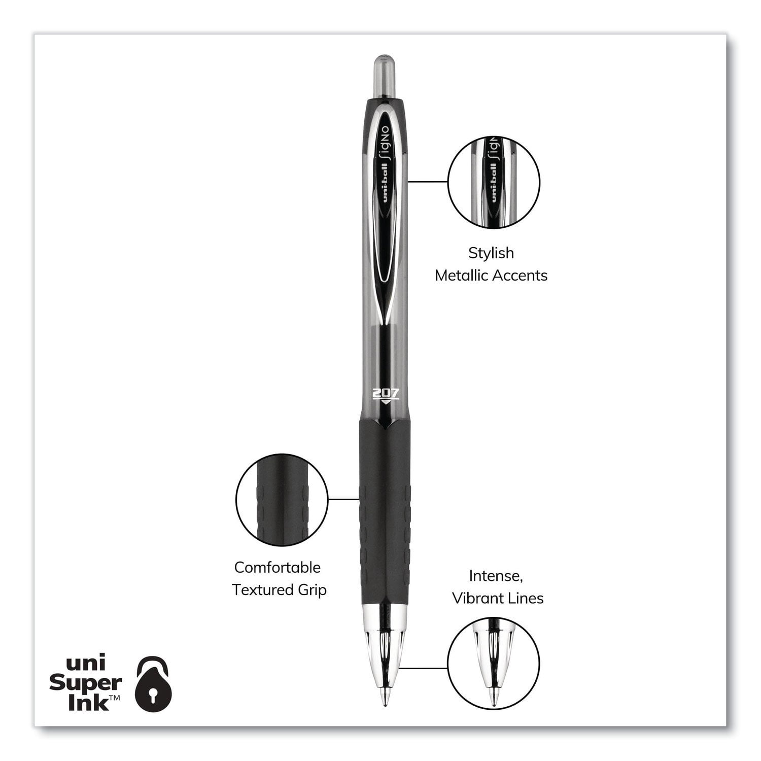 Uni-ball Signo Gel 207 Rollerball Stift – Schwarze Tinte, Medium, 12 Stück