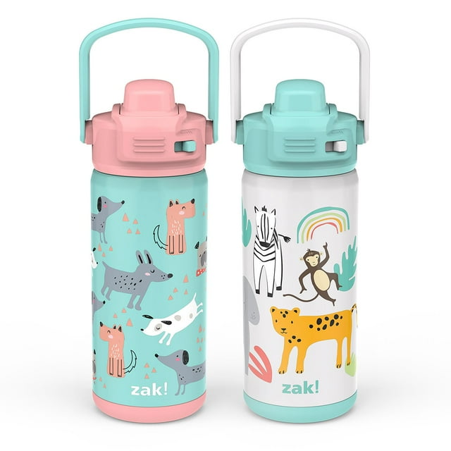 Zak Designs 14-oz. Stainless Steel Double Wall Beacon Straw Bottle for Kids, 2-Piece Set (Choose Color)
