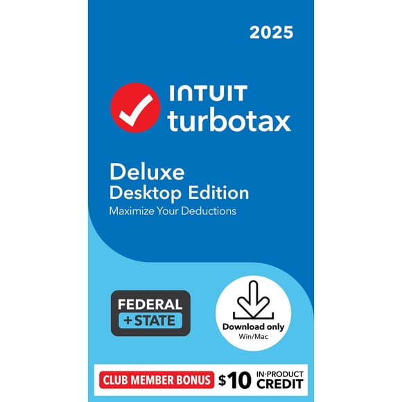 TurboTax Deluxe 2025 Physical Package, Federal and State Returns + Federal E-file with $10 in-product credit (Win 11, Mac 14)