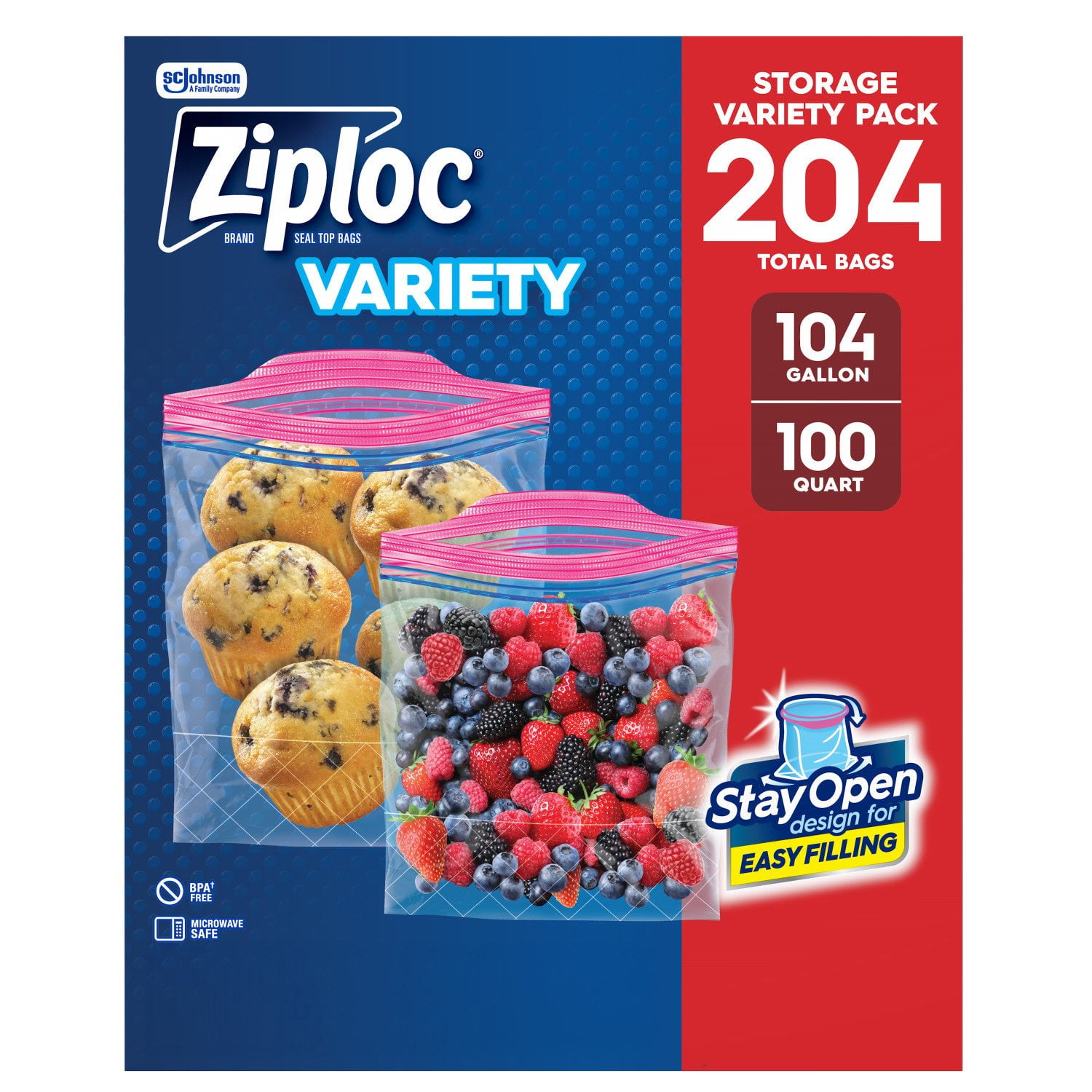 Ziploc Gallon & Storage Quart Bags with New Stay Open Design, 204