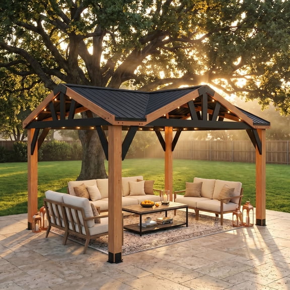 Backyard Discovery Crosswind 14' x 10' Cedar Wood Gazebo with Four-Sided Gable Steel Roof