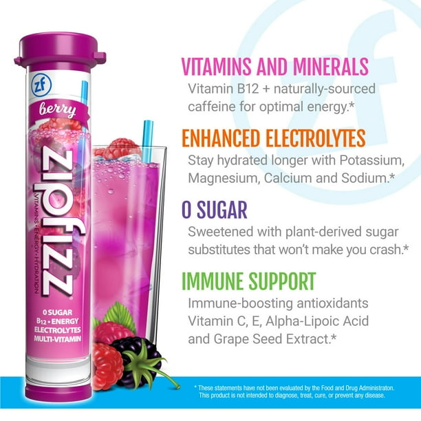Zipfizz Energy Multi-Vitamin Hydration Drink Mix, Berry, 20 ct