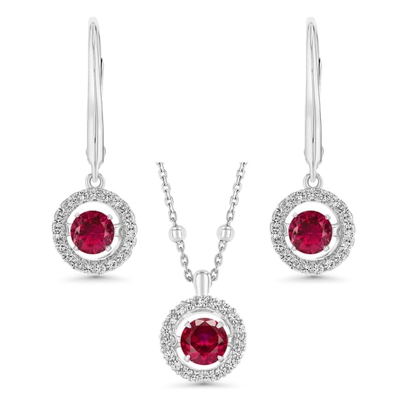 Round Cut Lab Created Gemstone Dancing Pendant & Earring Set in Sterling Silver