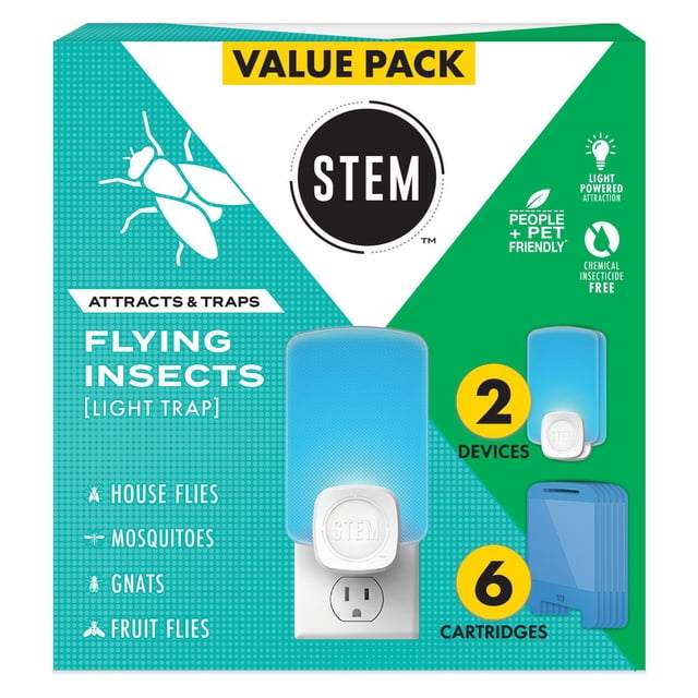 STEM Light Trap, Attracts and Traps Flying Insects, Emits Soft Blue Light Includes Starter Kit with 2 Light Traps and 6 Refills