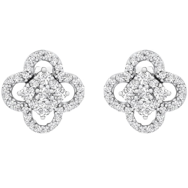 m⭐︎Floral Motif Short Earring - white 0.25 CT. T.W. I-I1 White Gold Diamond Clover Flower Stud Earrings