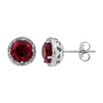 thumbnail image 1 of Round Cut Gemstone & 0.13 CT. TW Diamond Stud Halo Earrings in Sterling Silver, 1 of 5