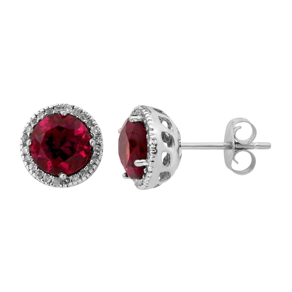 Round Cut Gemstone & 0.13 CT. TW Diamond Stud Halo Earrings in Sterling Silver