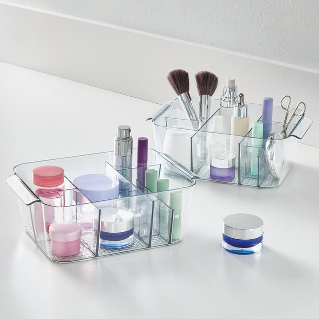 iDesign Divided Cosmetic Bin, 10.4" W x 7.1" D x 3.6" H, Clear, Set of 2