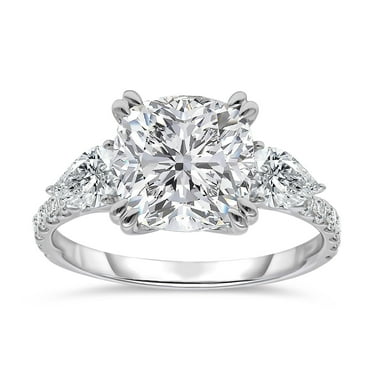 4.00 C.T.T.W. Lab Created Cushion Cut Center with Pear Cut Side Diamond Ring in 18K White Gold