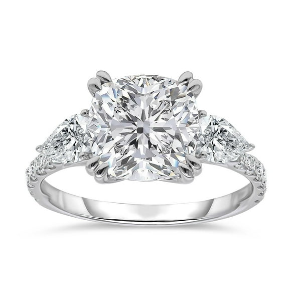 4.00 C.T.T.W. Lab Created Cushion Cut Center with Pear Cut Side Diamond Ring in 18K White Gold