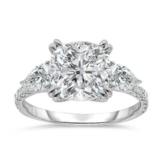 4.00 C.T.T.W. Lab Created Cushion Cut Center with Pear Cut Side Diamond Ring in 18K White Gold