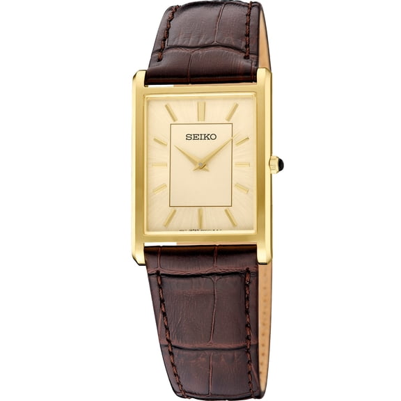 Seiko Essentials Quartz Gold Dial Brown Leather Strap Watch