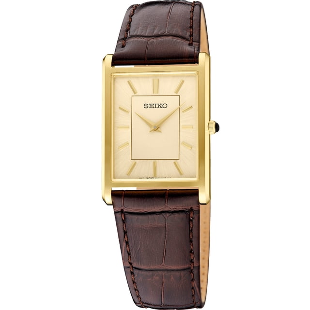 Seiko Essentials Quartz Gold Dial Brown Leather Strap Watch