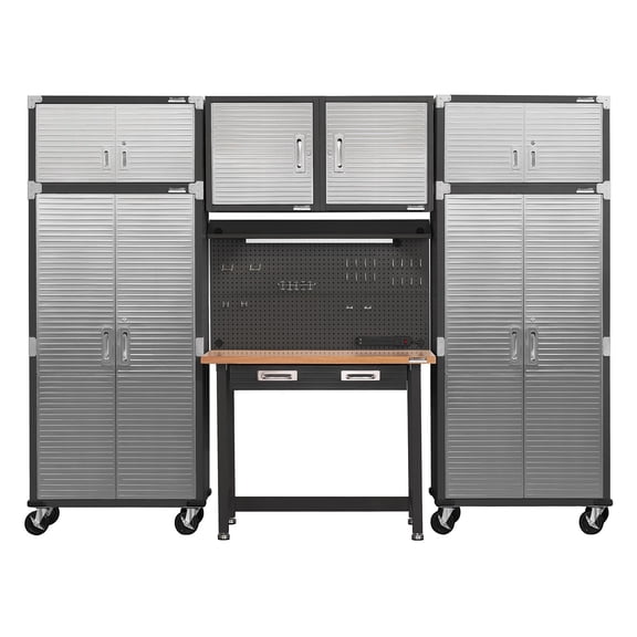 Seville Classics UltraHD 7-Piece Steel Garage Cabinet Storage Set With Pegboard Workbench, 10' Wide