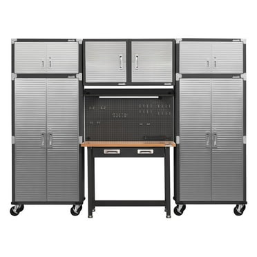 Seville Classics UltraHD 7-Piece Steel Garage Cabinet Storage Set With Pegboard Workbench, 10' Wide