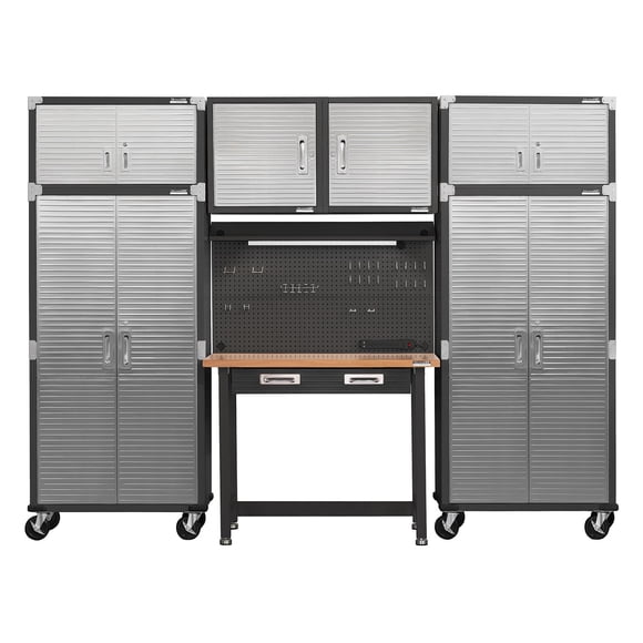 Seville Classics UltraHD 7-Piece Steel Garage Cabinet Storage Set With Pegboard Workbench, 10' Wide