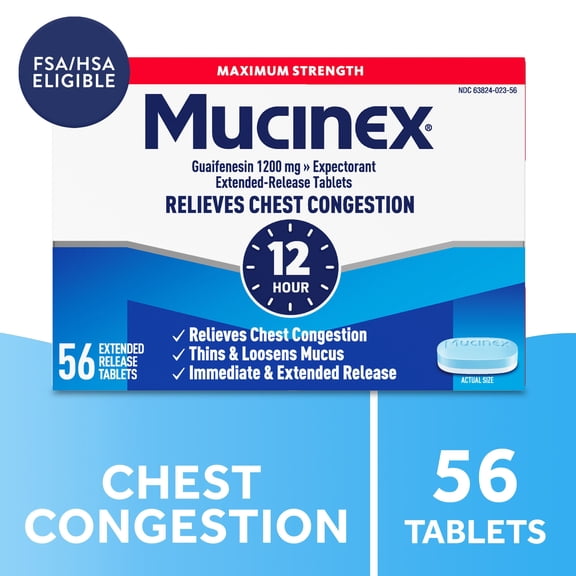 Mucinex 12-Hour Maximum Strength Chest Congestion Expectorant Tablets, 1200 mg Guaifenesin 56 ct.