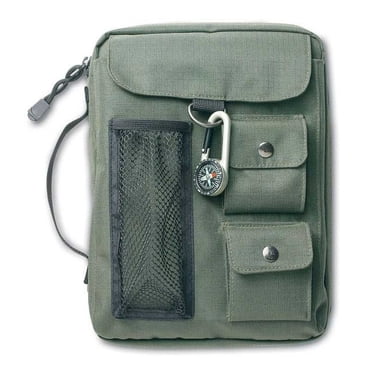 Large Green Compass Bible Cover, Zippered, with Handle, Nylon