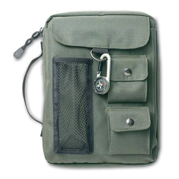 Large Green Compass Bible Cover, Zippered, with Handle, Nylon