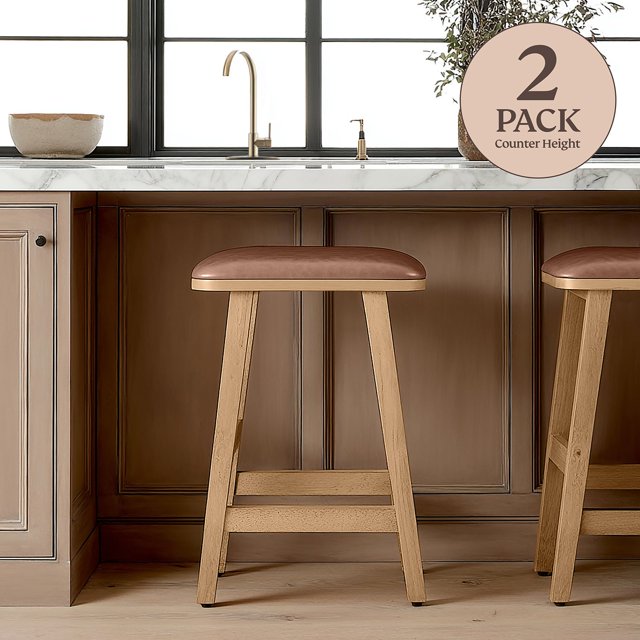 Bower Home Upholstered Wood Saddle Counter or Bar Stool, 2-Pack